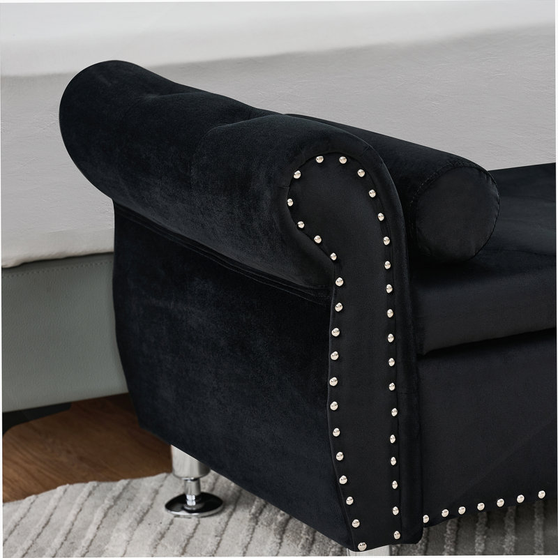 62.2 Inch Soft Velvet Storage Bench With Crystal Buttons And 1 Pillow, For Bedroom And Living Room, (Black), Black