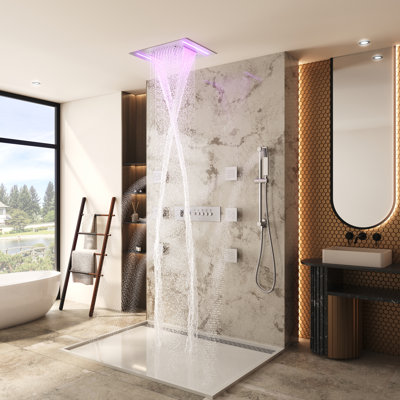 Système de douche thermostatique à 5 fonctions avec douchette à main, 6 jets corporels, lumière DEL et barre coulissante