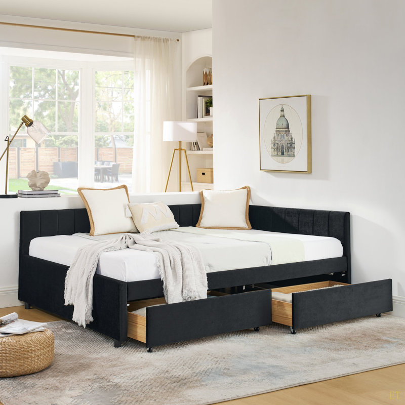 Full Size Upholstered Tufted Bed Frame With Two Drawers, Sofa Bed Frame With Comfortable Backrest And Armrests, Velvet(79.5''X58''x25'')