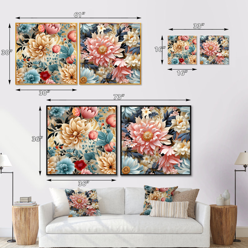 Beauté de jardin douce et douce - ensemble de 2 collages floraux carrés, Cadre flottant blanc, H 30 po x l 61 po