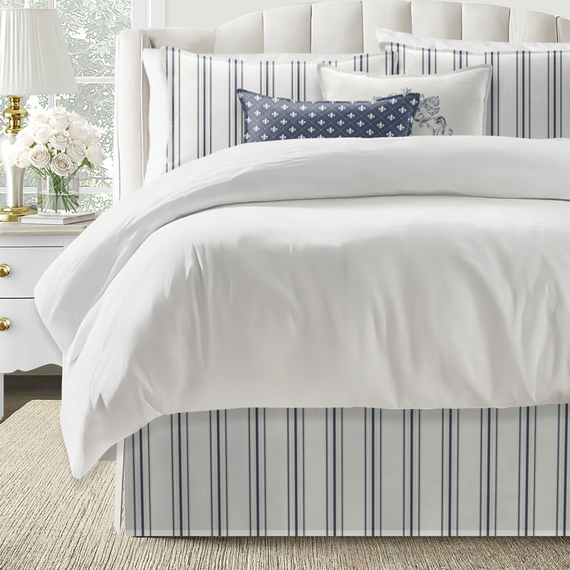 August Stripe Cotton Tailored Bed Skirt, Denim, 18", King