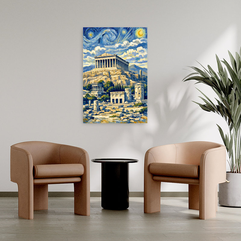 Parthenon Starry Night Vibrant Abstract Contemporary Architecture City Wall Art Print by HUGO - Wrapped Canvas Print
