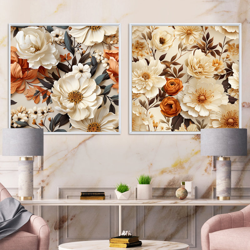 Thatcham - Ensemble de 2 collages floraux carrés, Cadre flottant blanc, H 36 po x l 73 po