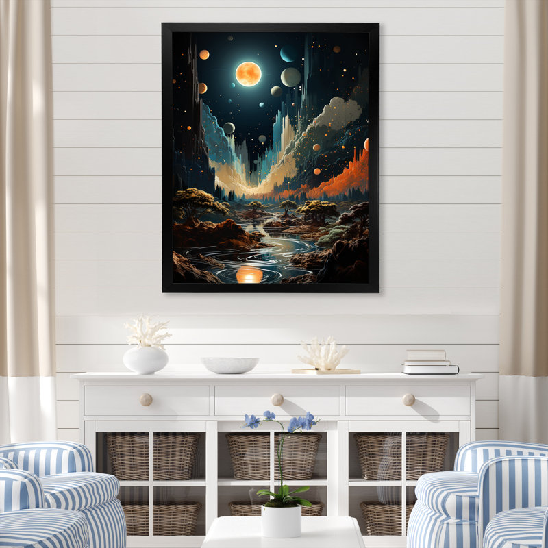Cosmic Space Odyssey - Art mural plage, Cadre simple noir, H 32 po x l 16 po x P 1 po