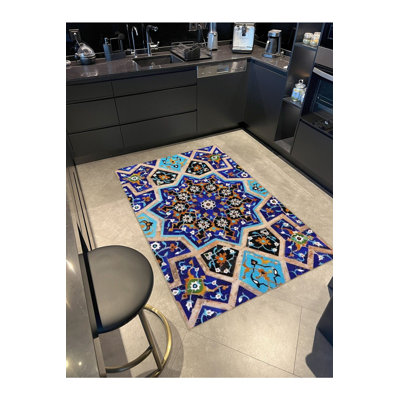 Blue Multicolor Patterned Vintage Decorative Washable Rug