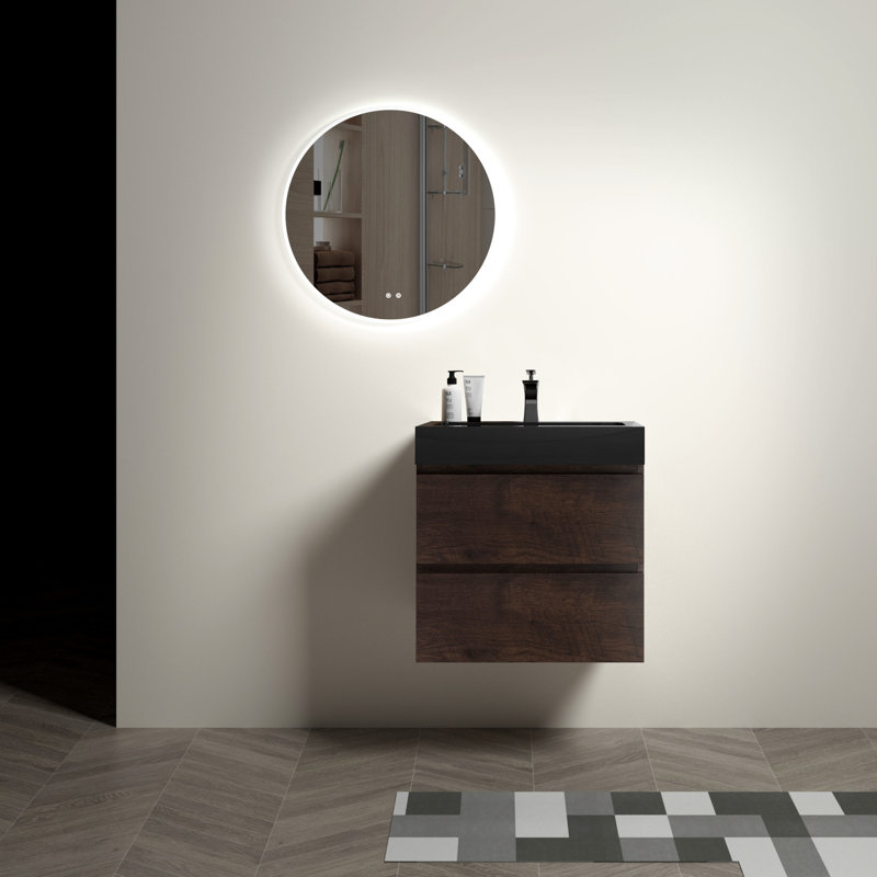 Meuble-lavabo en noyer - 24 po, design contemporain, lavabo, espace de tiroir spacieux, noyer moderne silencieux, lavabo, grands tiroirs, lavabo noir