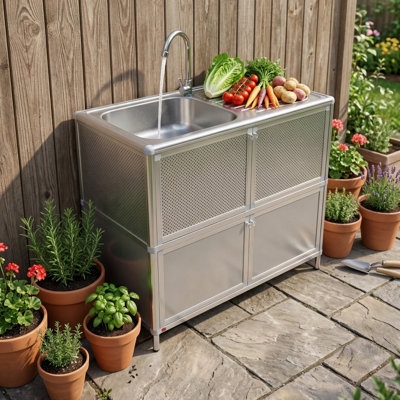 Armoire de base pour évier utilitaire d'extérieur avec comptoir intégré en acier inoxydable, évier autoportant à 4 portes, tablette intérieure pour salle de lavage, buanderie, vestibule ou cuisine