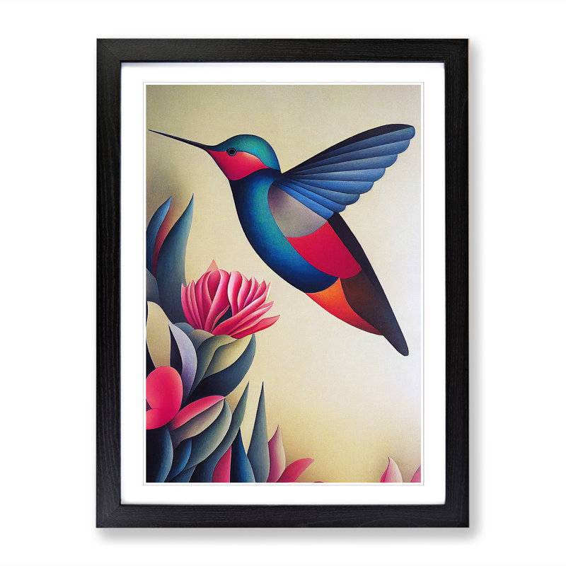 Aalke Hummingbird Retro Art - Picture Frame Print, 46cm H x 34cm W x 2cm D, Black
