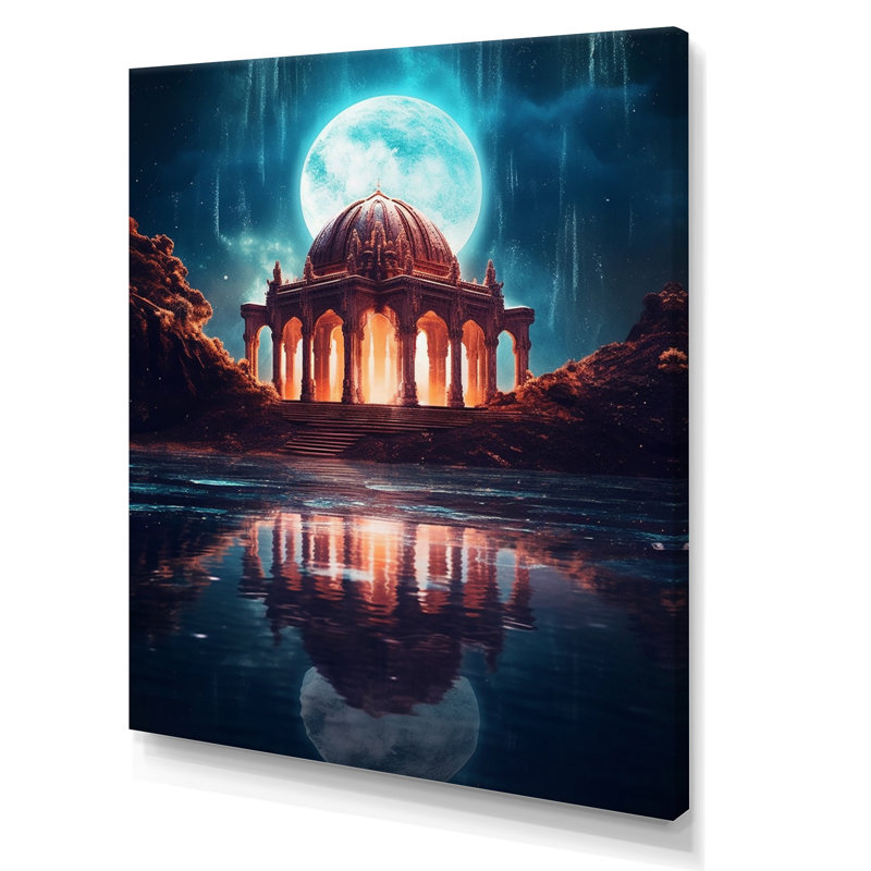Ancien temple grec sous la majestueuse pleine lune - impression, 40" H x 30" W, Toile tendue