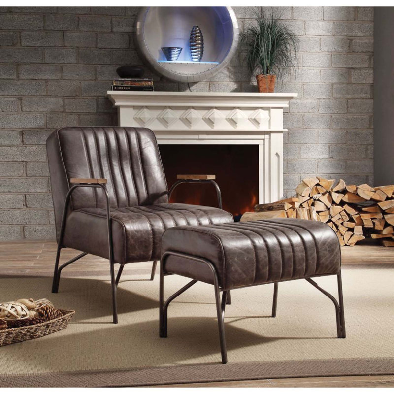 Fauteuil d'appoint et repose-pieds 2 pièces, cuir fleur espresso vieilli
