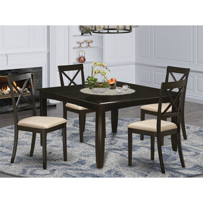 Ensemble de table de salle à manger 5 pièces pour 4 personnes comprenant une table de salle à manger carrée avec rallonge papillon et 4 chaises de salle à manger rembourrées en lin, cappuccino