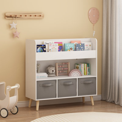 Bookshelf with 3 Fabric Bins, Modern Bookcase with Storage