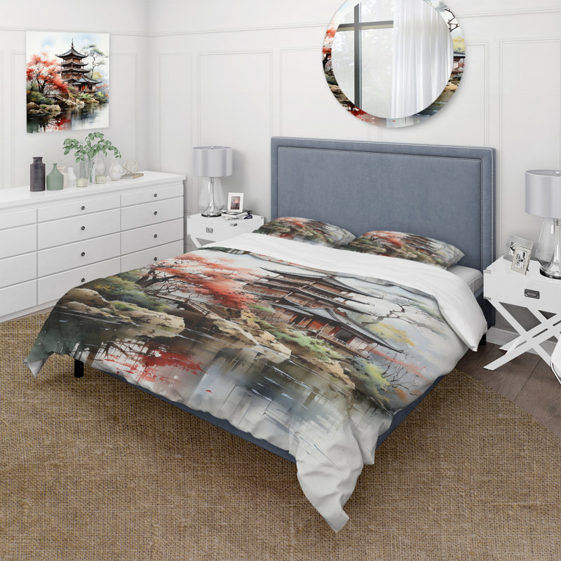 Asian Art Serene Pagoda IV - Asian Duvet Cover Set, King Duvet Cover + 2 King Shams