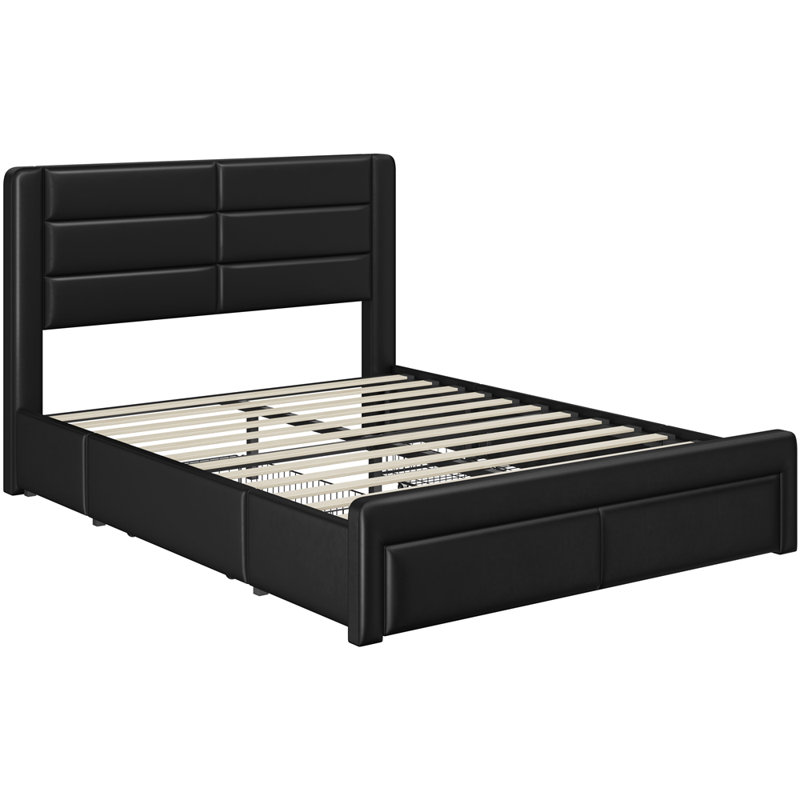 Avelle Vegan Leather Metal Platform Storage Bed with 3 Storage Drawers and Built-In USB Ports, Black, Queen
