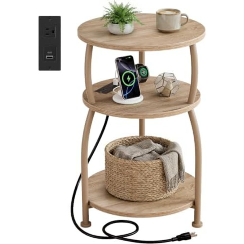 Table d'appoint ronde avec prise électrique, port USB de type C, table de chevet à 3 niveaux (40 cm) idéale pour les petits espaces, table d'appoint haute avec station de recharge pour canapé, salon, chambre, jardin, chêne