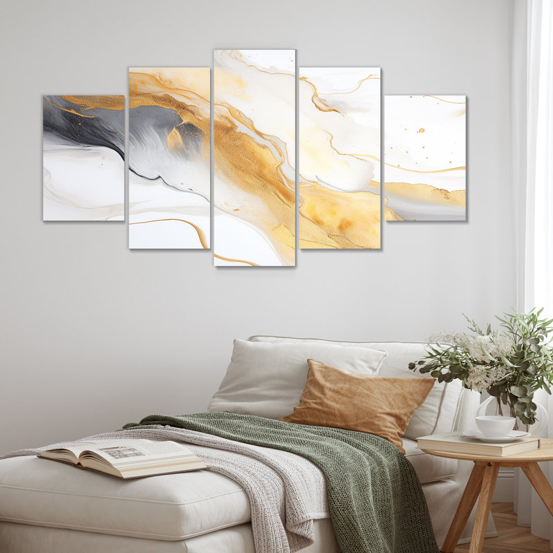 Agate Art Gold White Grey - Marble Wall Art, toile 5 pièces, H 32 po x l 60 po