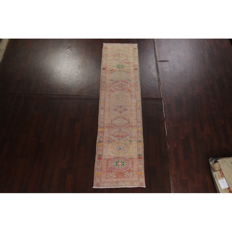 Tapis de couloir beige en laine noué à la main de conception unique 2 pi 11 po x 11 pi 5 po New Age