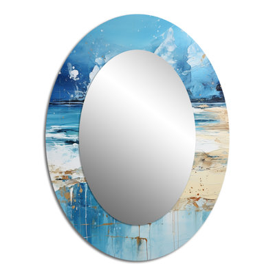 Bleu et beige Tranquility Beach II - Miroir décoratif ovale côtier sur métal