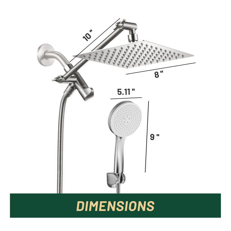 Tête de douche réglable haute pression double 8 po avec douche à main à 5 jets, Nickel brossé