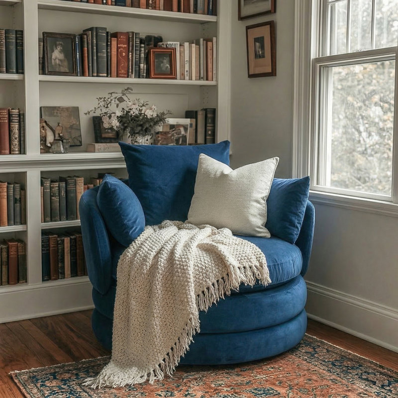 Upholstered Swivel Barrel Chair, Big Blue Velvet