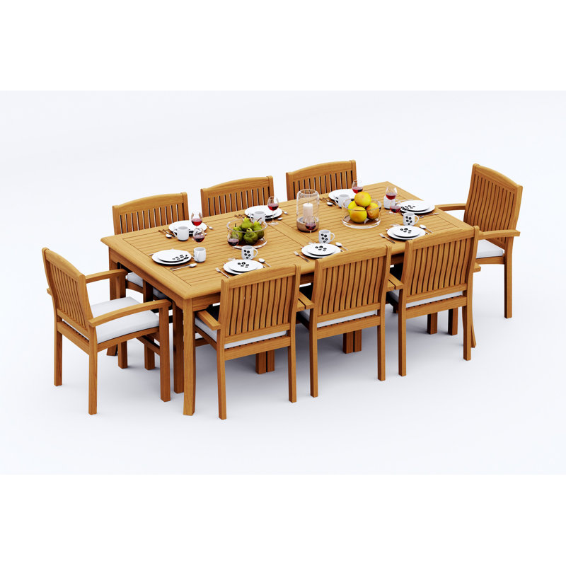 Wave Teak Wood Patio Dining Set with, 30" H x 83" W x 40" D, 8