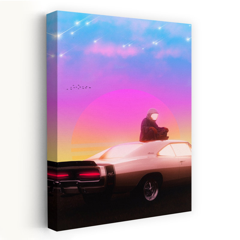 Cosmic Sunset Cruiser Classic Colorful Retro Bird Landscape Ocean Wall Art Print 1 Piece Wrapped Canvas Wall Art