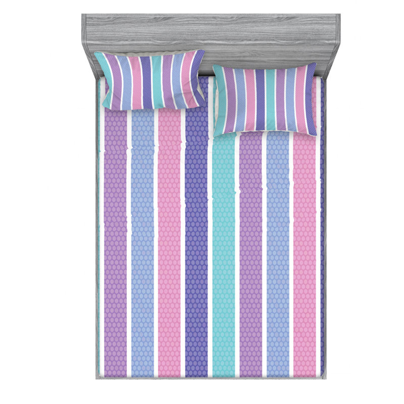 Microfiber Striped Sheet Set, Queen Sheet Set with Fitted Sheet, Purle/Pink/Turquoise Striped