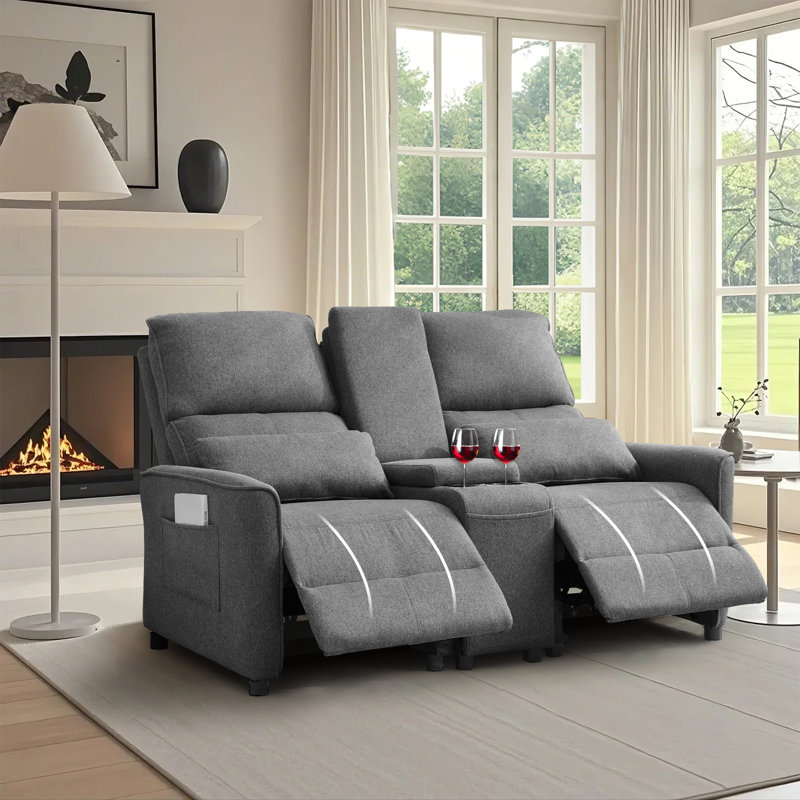 Manual Push Back Reclining Loveseat Sofa With Center Console & Cup Holders for Living Room, Gray Linen