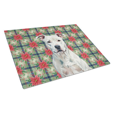 White American Staffordshire Terrier Christmas PoinsettIas Glass Cutting Board