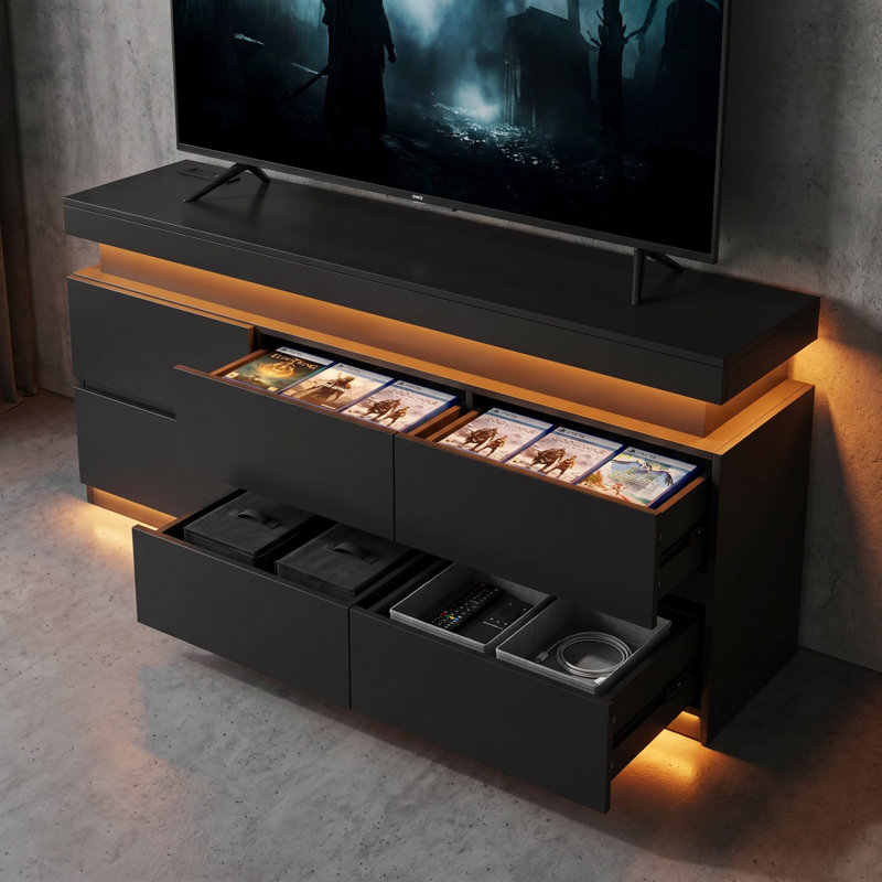 Meuble télé 55 po avec 6 tiroirs et prises de courant 55 po, Black