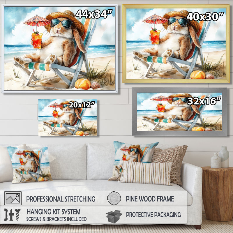 Lapin sur la plage relaxant - art mural animaux côtiers, H 30 po x l 40 po x P 1,5 po, Toile encadrée noire simple