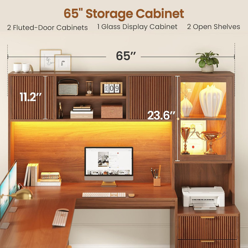 Bureau d'ordinateur en coin 67 po x 65 po en L avec huche, Brown