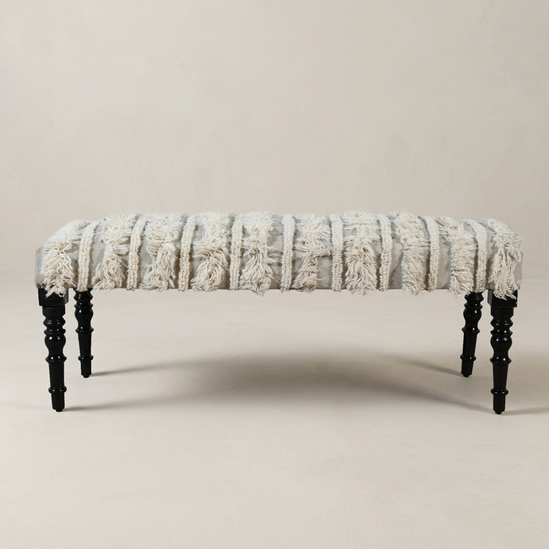 Kilwin Handmade Neutral Wool & Cotton Fringed Upholstered Entryway Accent Bench