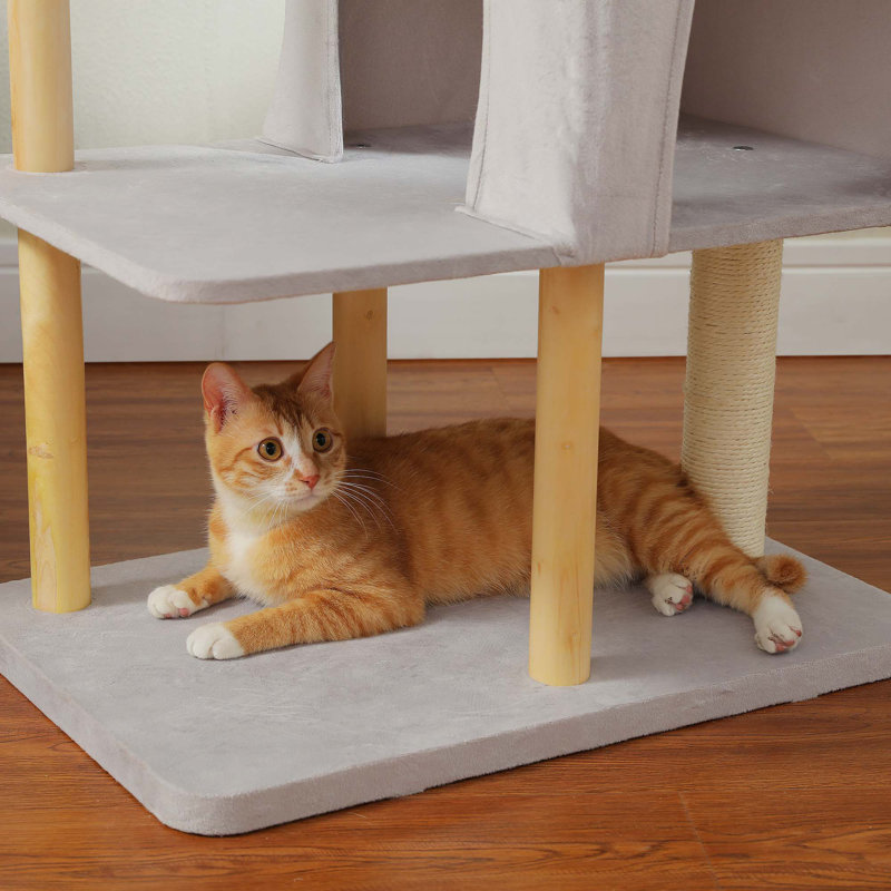 Arbre à chat en bois avec condo, hamac et balle jouet, Gris
