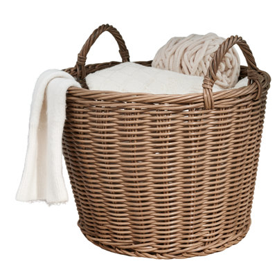 Woven Resin Wicker Storage Basket With Handles, Round Cone Shape, 16"x16"x10.5" Chocolate Brown, Laundry, Towels, Toys, Magazine Organizer