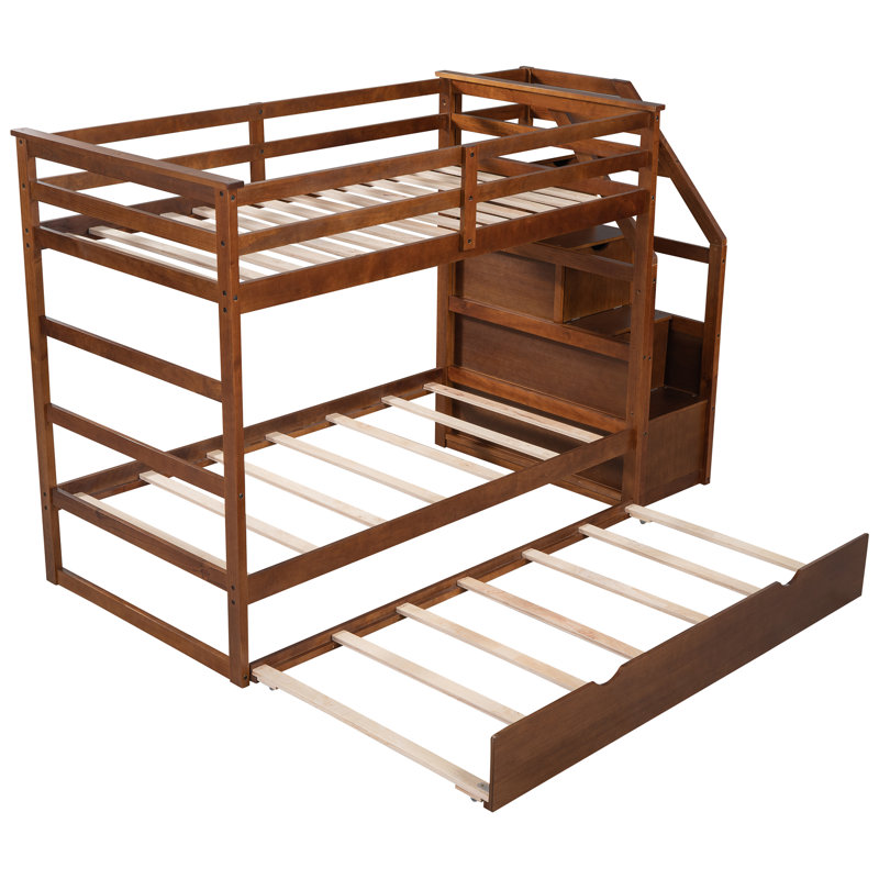 Lit superposé standard en bois (deux lits simples superposés) avec escalier de rangement et lit gigogne simple., Noyer
