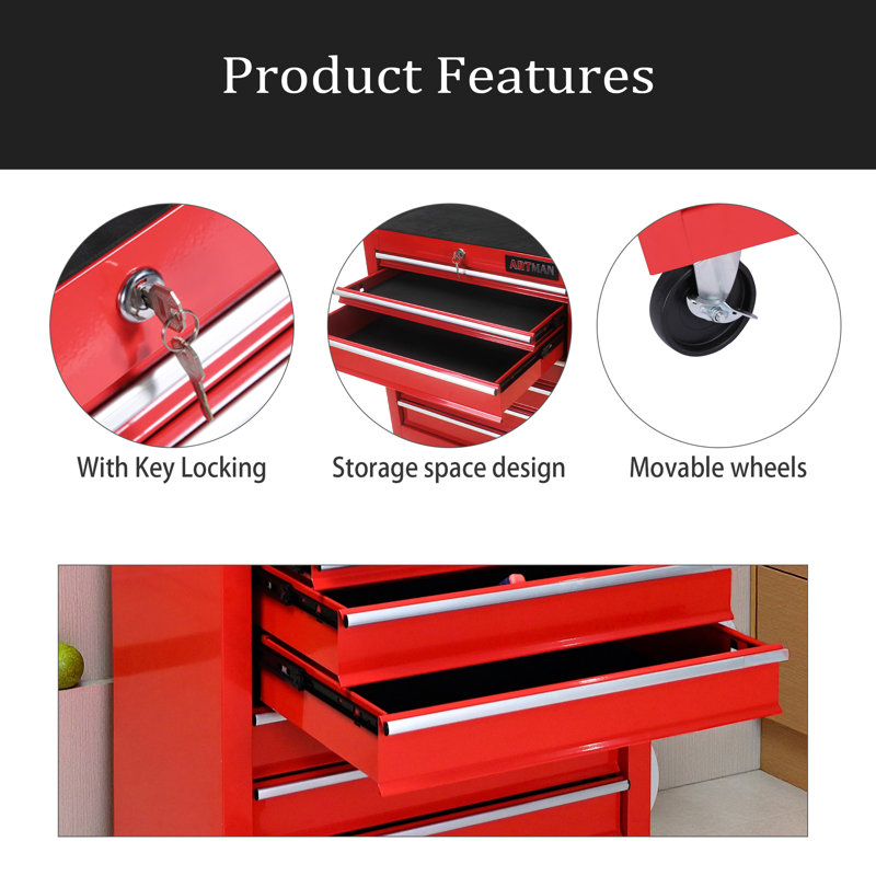 Chariot à outils 7 roulettes multifonctionnel avec roulettes, Rouge