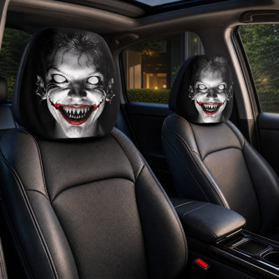 Décoration d'Halloween : Housse d'appuie-tête de voiture avec un démon effrayant au visage souriant, en tissu extensible imprimé horreur, protection d'appuie-tête automobile pour décoration intérieure d'Halloween
