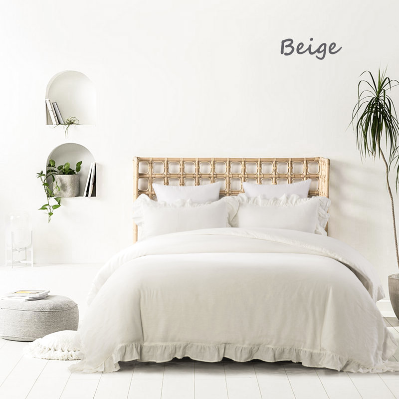 King Size Off-White Linen Ruffled Duvet Cover Set