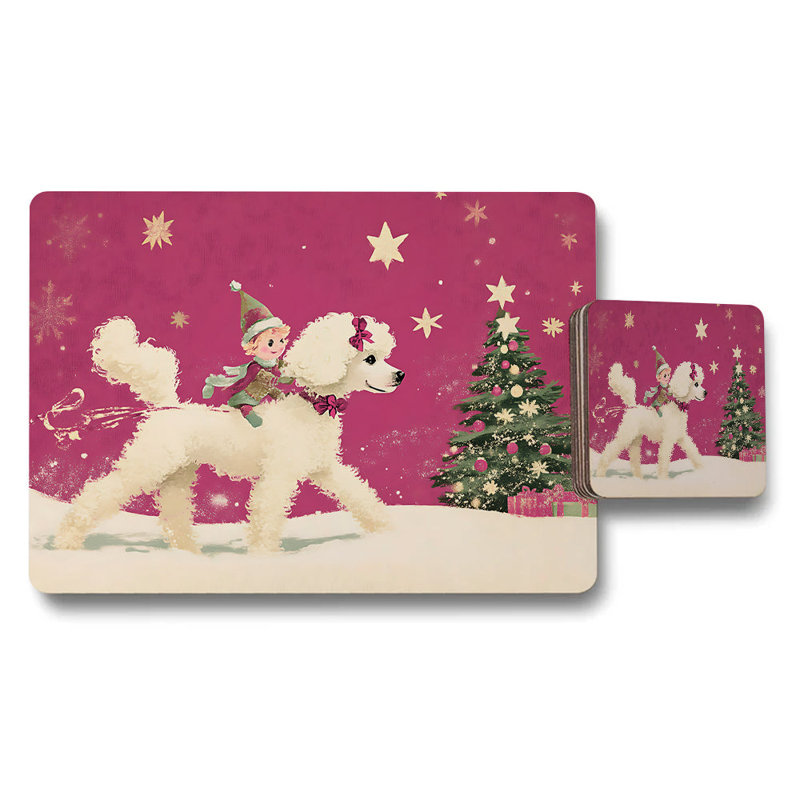 Christmas Themed Placemat and Coaster Set With White Fluffy Dog and Child Scene