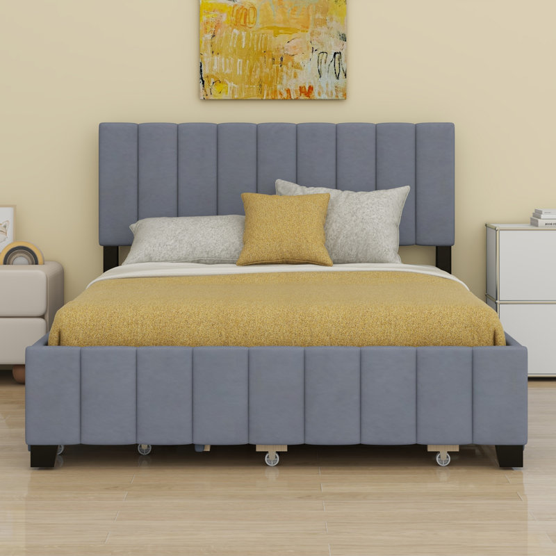Lit plateforme tapissier avec 2 tiroirs et lit gigogne, Gris