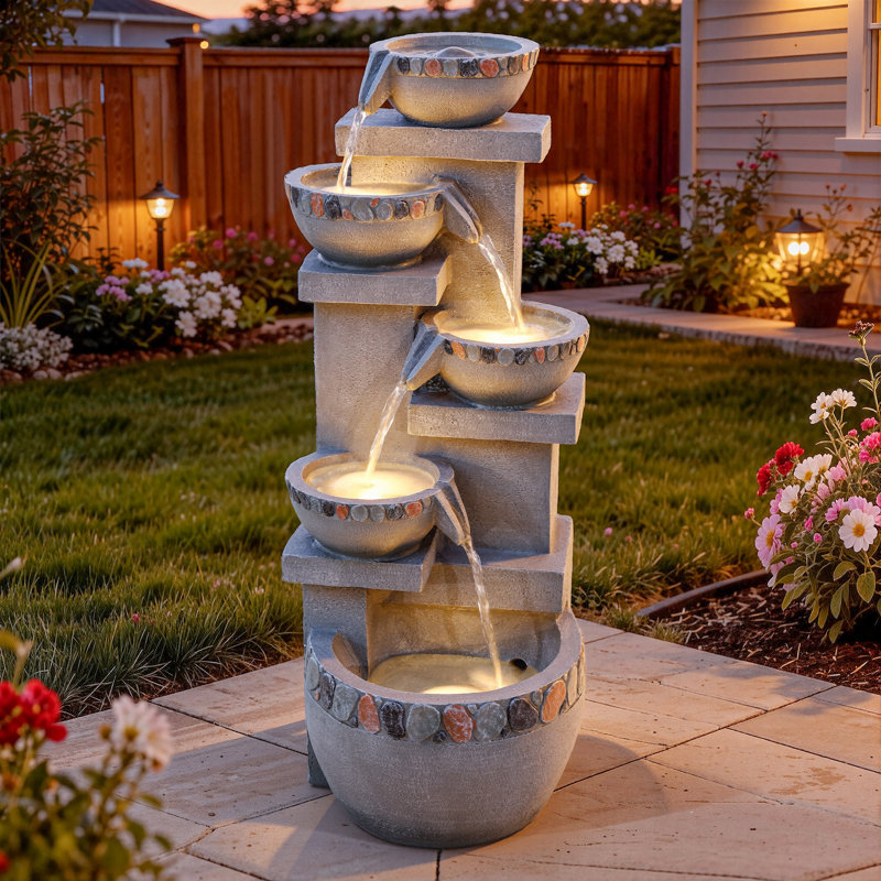 33" Modern 4-Tier Water Fountain with LED Lights, Resin Pebble Tabletop Cascading Waterfall Decor, Weather-Resistant Outdoor Feature