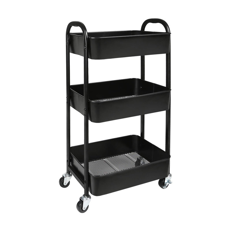 Black 3-Tier Metal Rolling Utility Cart with Casters