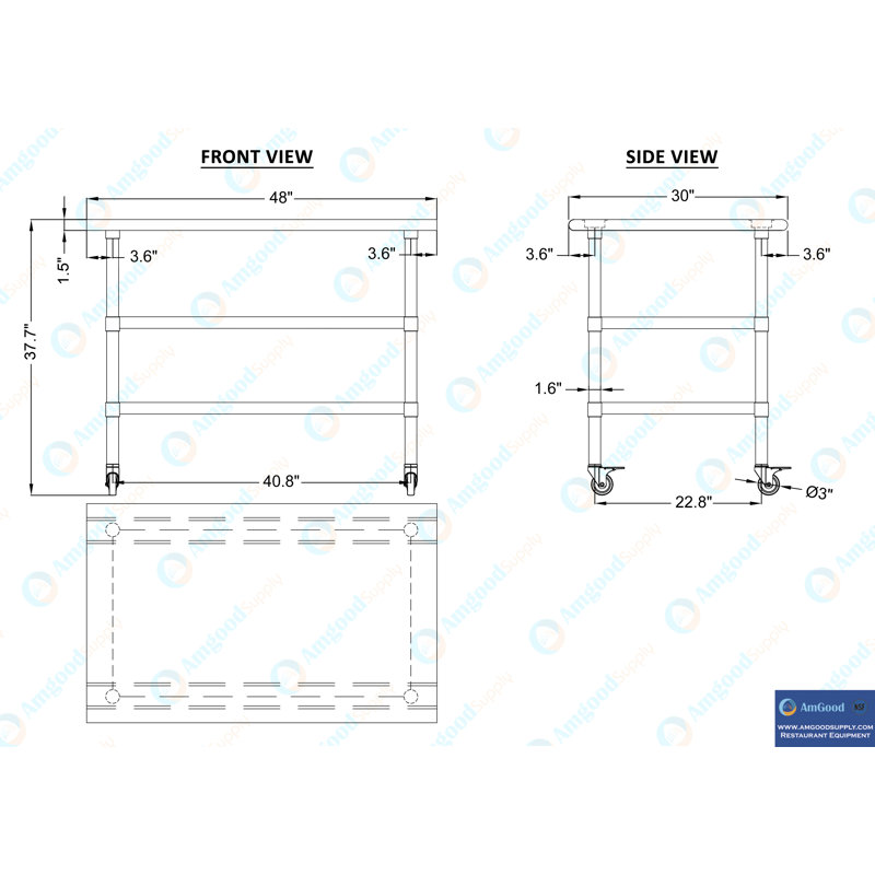 Rolling Prep Table with Stainless Steel Top, 38" H x 48" W x 30" D