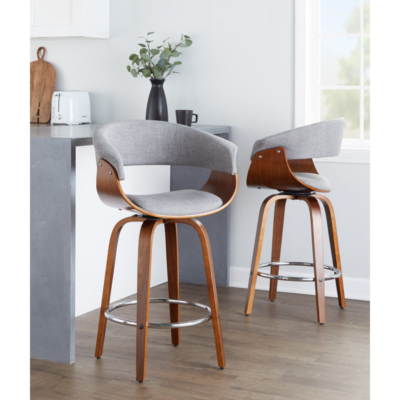 Archaimbaud Swivel Upholstered Counter Stool, Counter Stool (26” Seat Height), Walnut Wood/Chrome, Light Gray