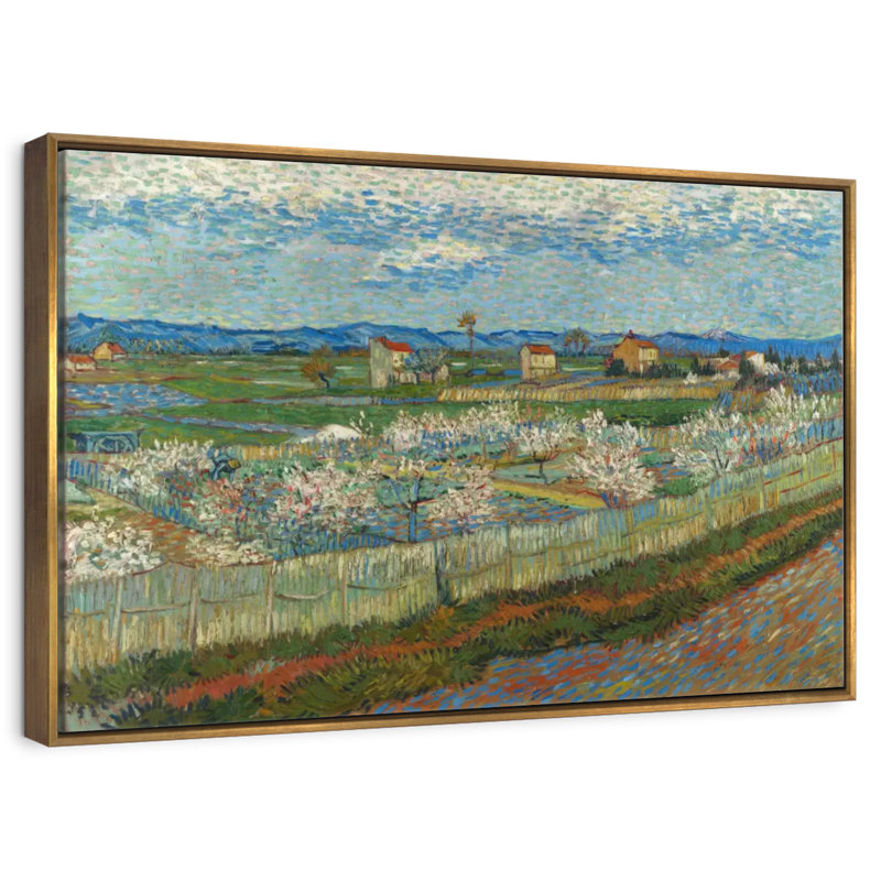 Pêcher en fleur, 13 po x 9 po, Cadre flottant doré