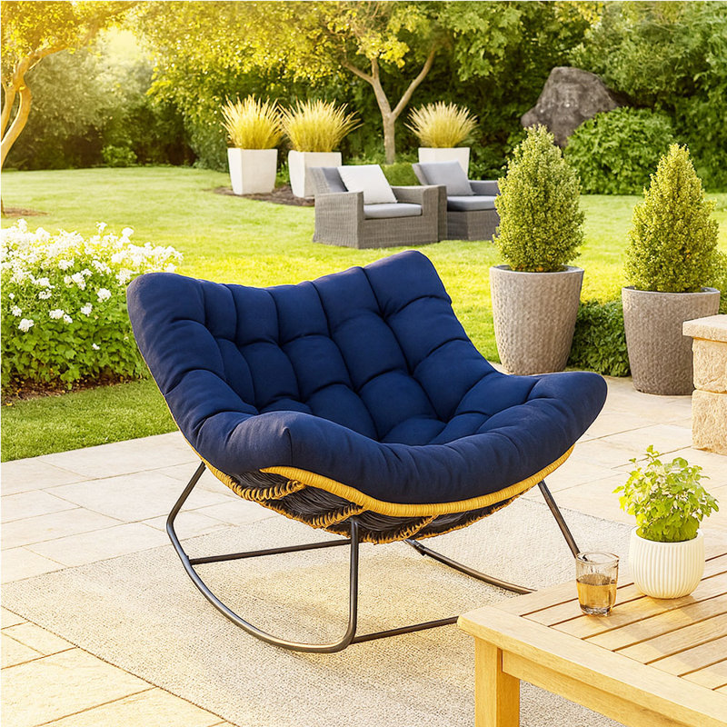 Chaise berçante intérieure / extérieure en rotin avec coussin, Marine
