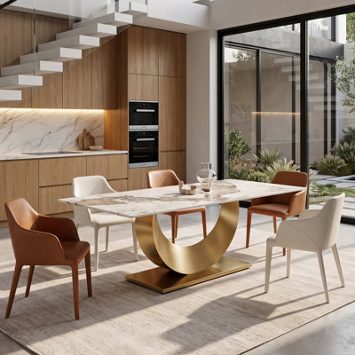 Rectangular Pandora Sintered Stone Dining Table with Gold Stainless Steel Pedestal Base