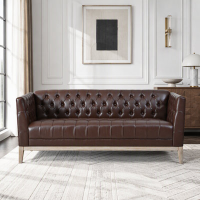 Canapé 79,1 po 3 places en similicuir, canapé Chesterfield moderne de style Mid-Century capitonné, revêtement 100% polyuréthane, pieds en bois de pin massif