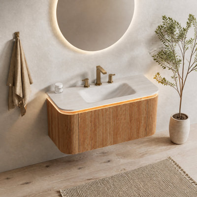 36'' Floating Bathroom Vanity with Sink, 3D Striped Woodgrain Cabinet, LED Sensor Light, Travertine Sintered Stone Integrated Basin
